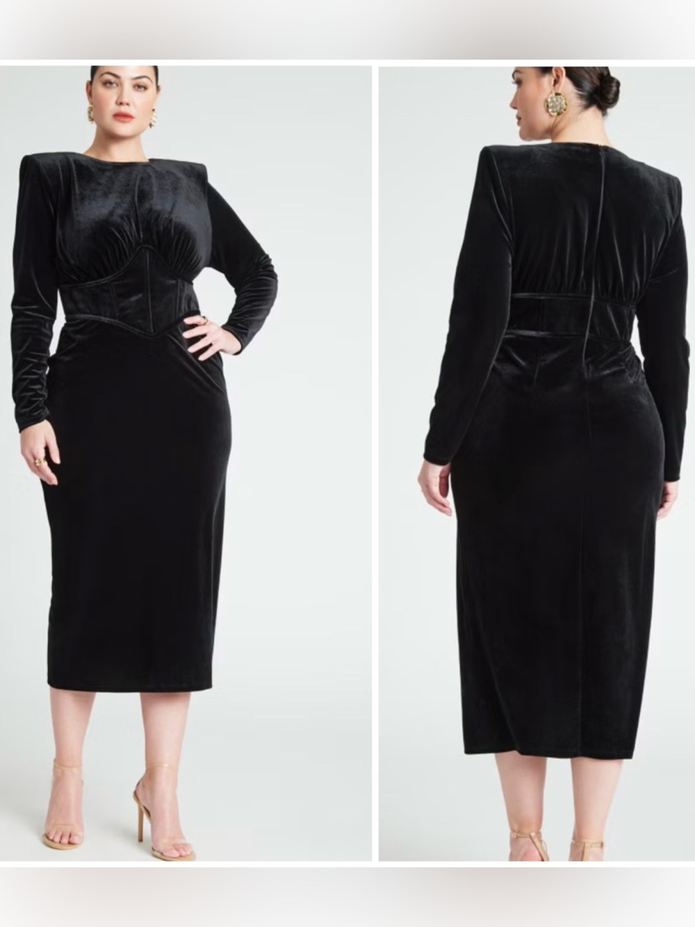 ELOQUII SIZE 18 Onix Black Corset Detail Velvet Dress LONG SLEEVE HIGH NECK